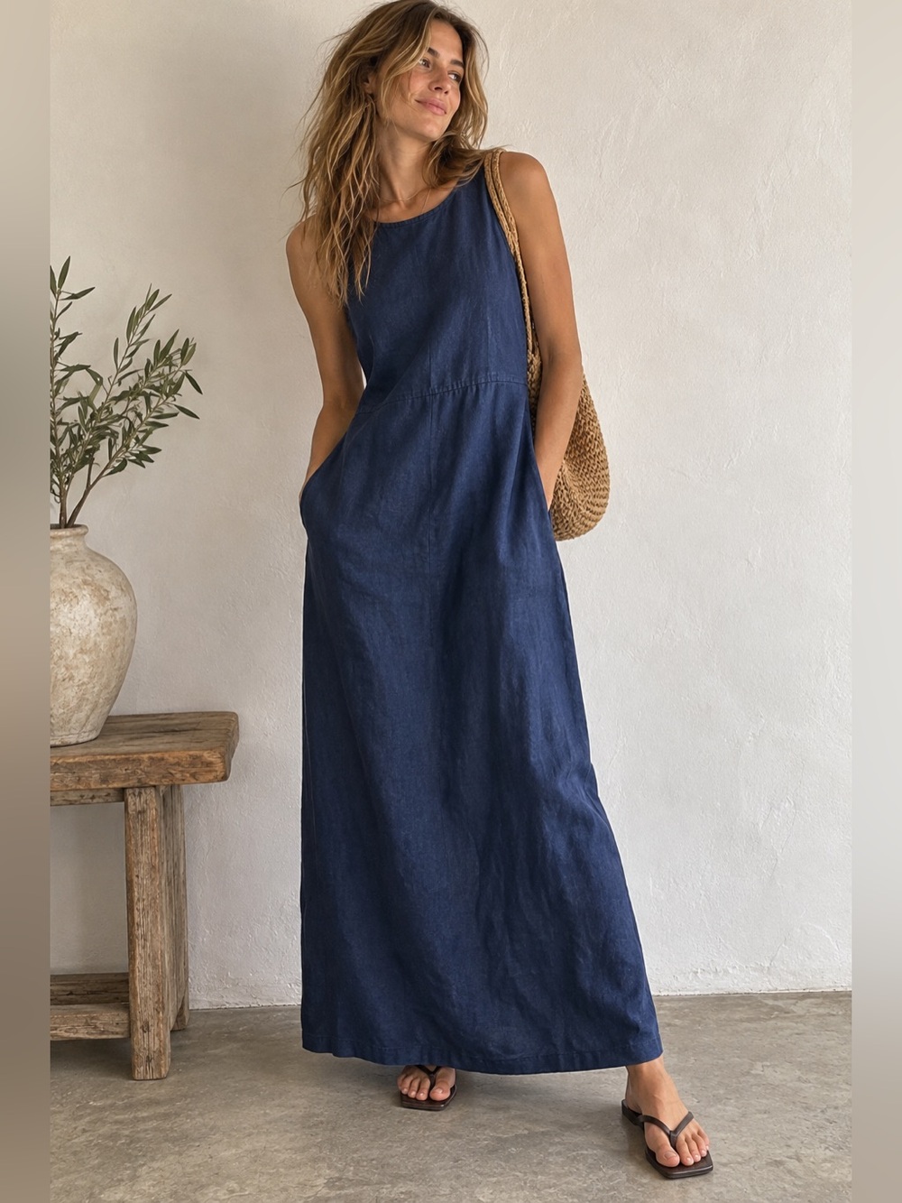 GAP 100% Linen Navy Maxi Dress Size 2 Tie Back Minimalist